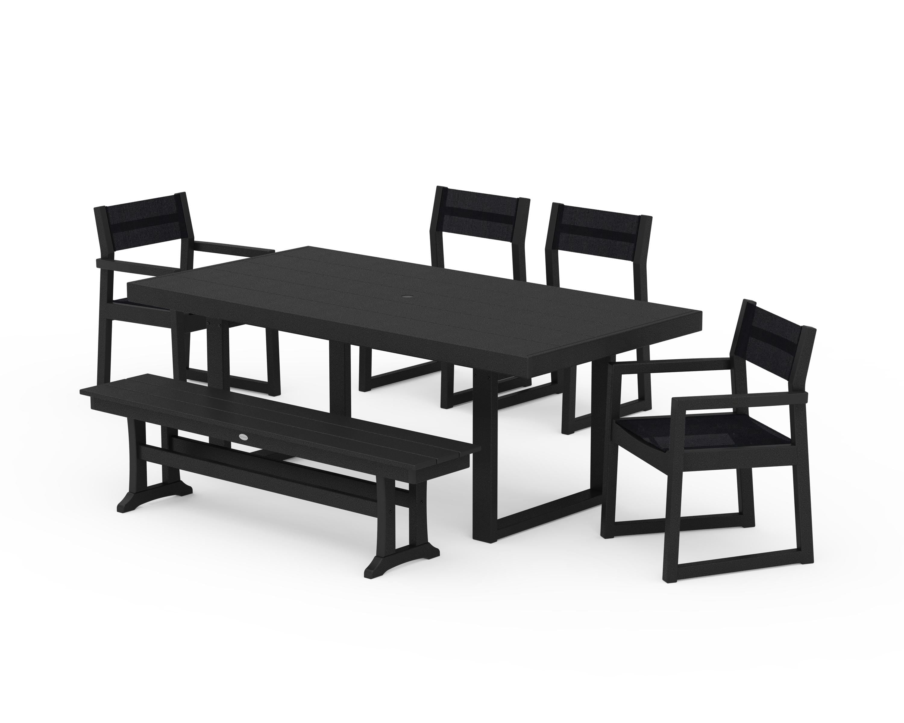POLYWOOD® EDGE Sling 6-Piece Dining Set with Bench in Black / Black Sling