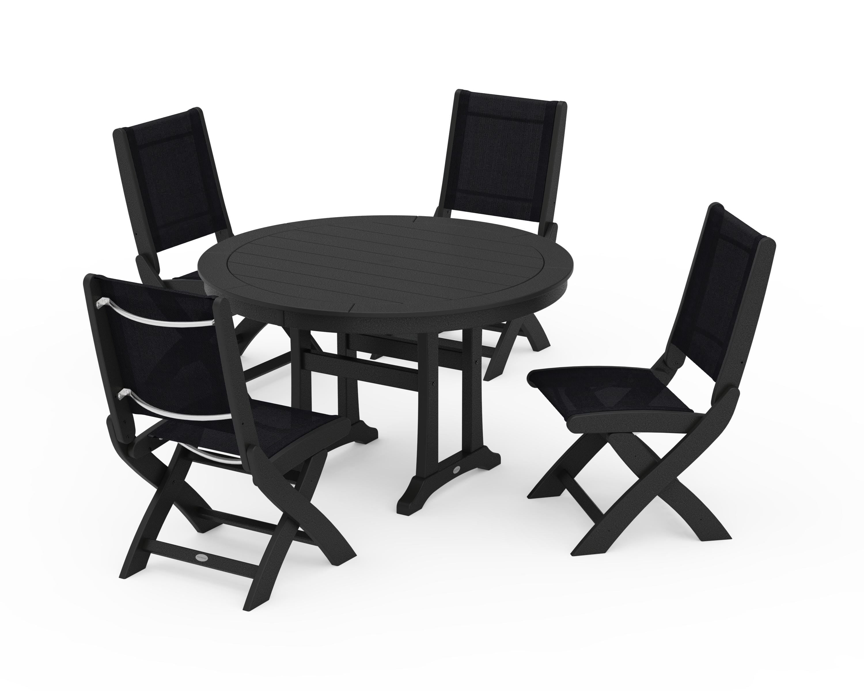 POLYWOOD® Coastal Folding Side Chair 5-Piece Round Dining Set With Trestle Legs in Black / Black Sling