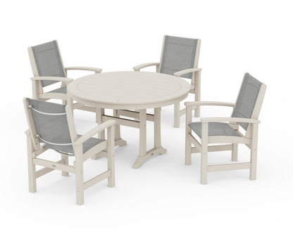 POLYWOOD® Coastal 5-Piece Round Dining Set with Trestle Legs in Sand / Metallic Sling