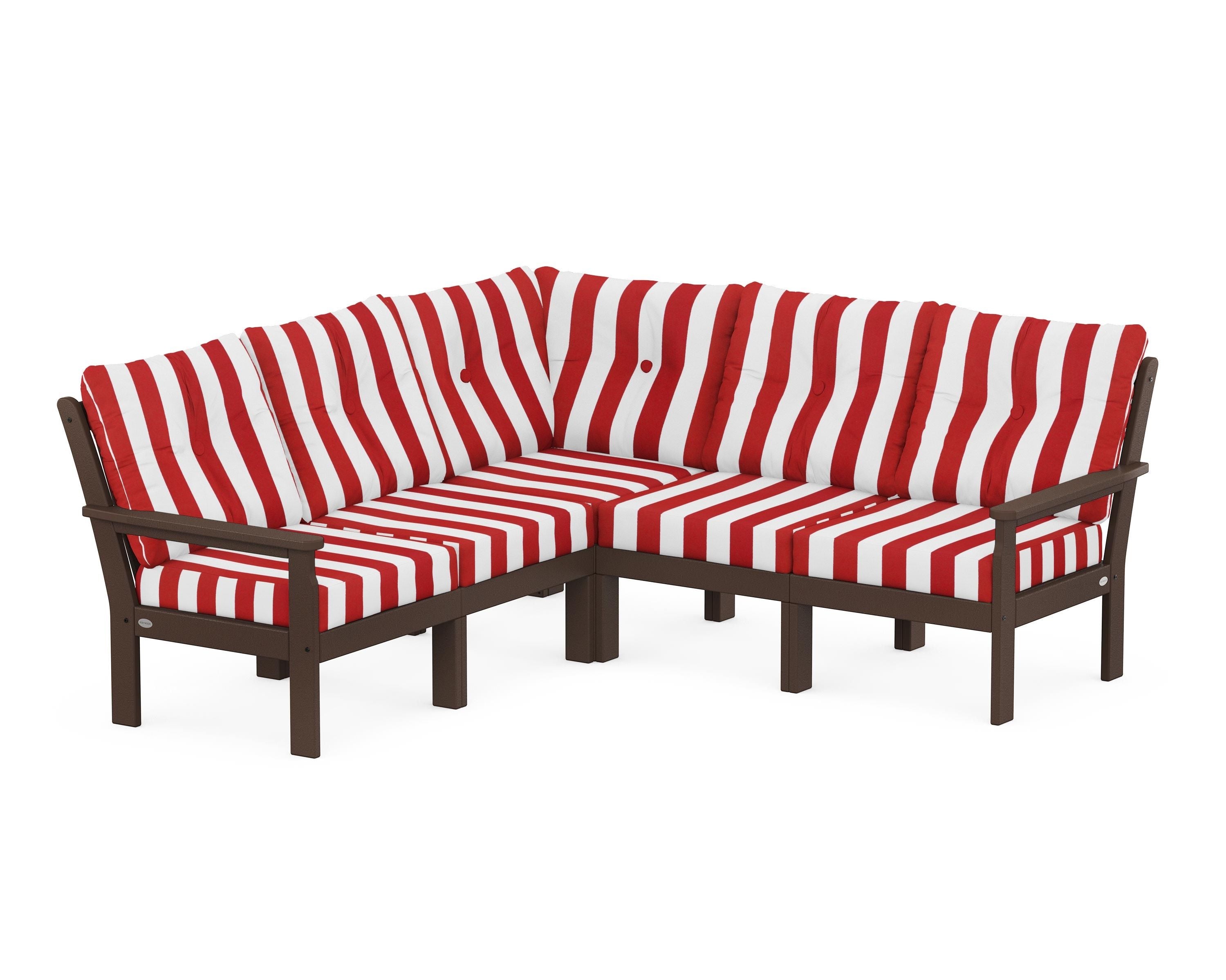 POLYWOOD® Vineyard 5-Piece Sectional in Mahogany / Cabana Stripe Crimson