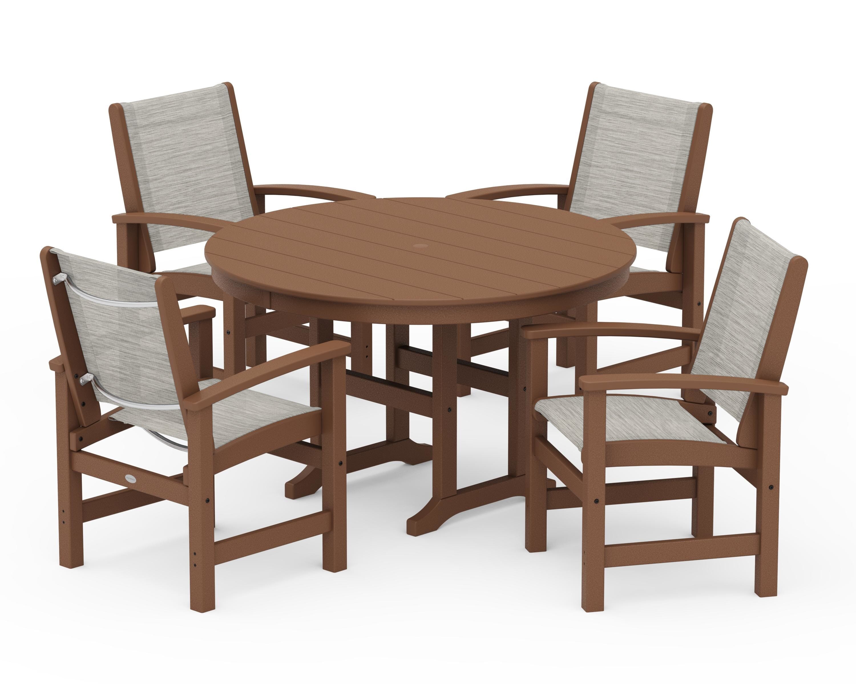 POLYWOOD® Coastal 5-Piece Round Farmhouse Dining Set in Teak / Birch Sling