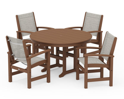 POLYWOOD® Coastal 5-Piece Round Farmhouse Dining Set in Teak / Birch Sling