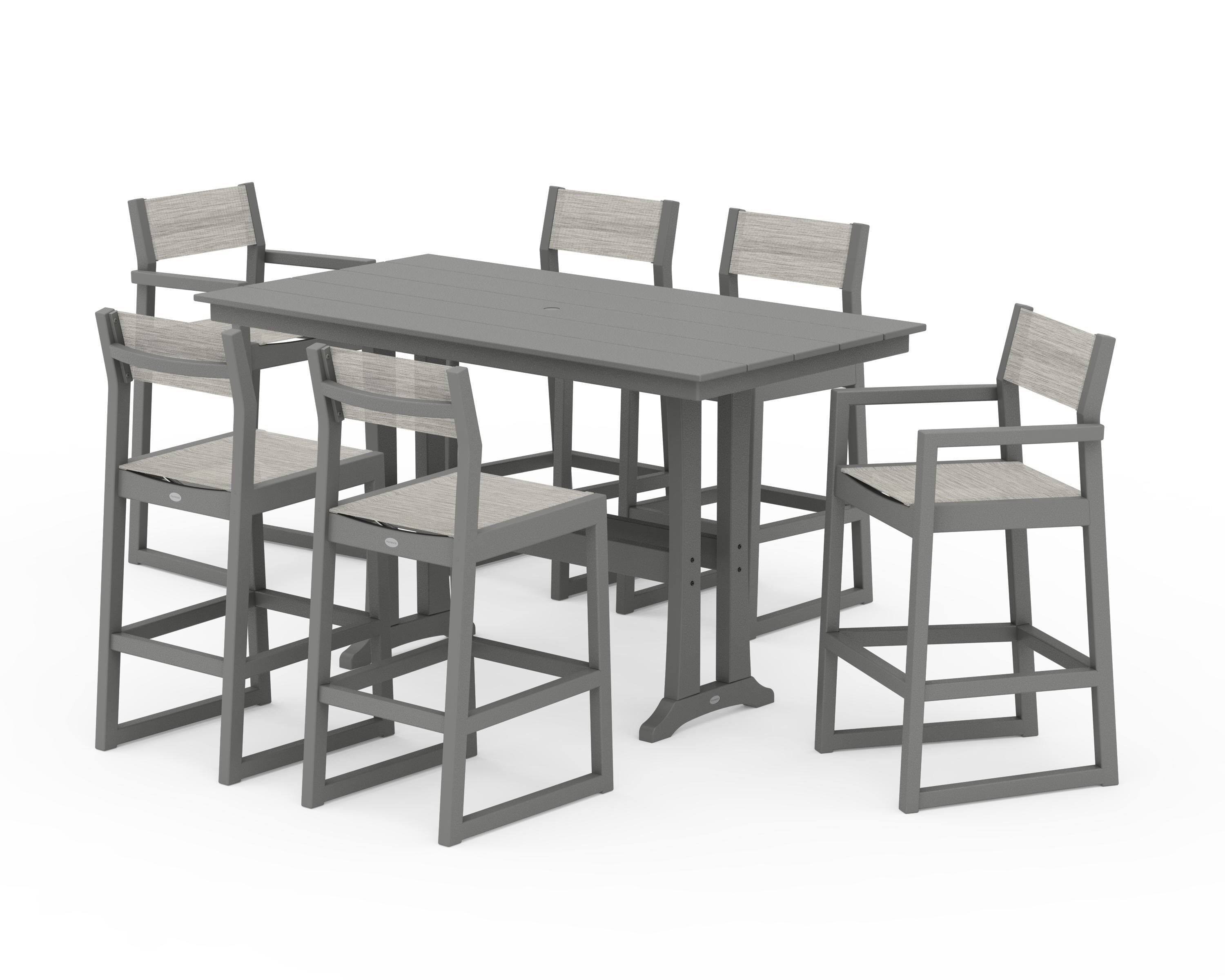 POLYWOOD® EDGE Sling 7-Piece Farmhouse Bar Set with Trestle Legs in Slate Grey / Birch Sling