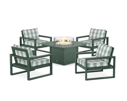 POLYWOOD® EDGE Sectional 5-Piece Deep Seating Set with Fire Pit Table in Green / Buffalo Plaid Glacier Spa