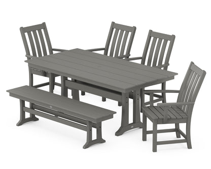 POLYWOOD® Vineyard 6-Piece Arm Chair Farmhouse Dining Set with Trestle Legs and Bench in Slate Grey