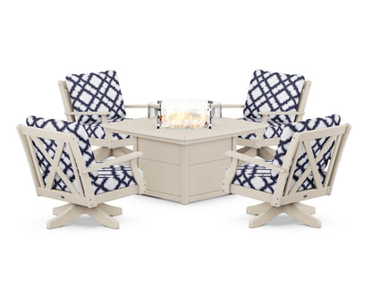 POLYWOOD® Braxton 5-Piece Deep Seating Swivel Conversation Set with Fire Pit Table in Sand / Trellis Navy