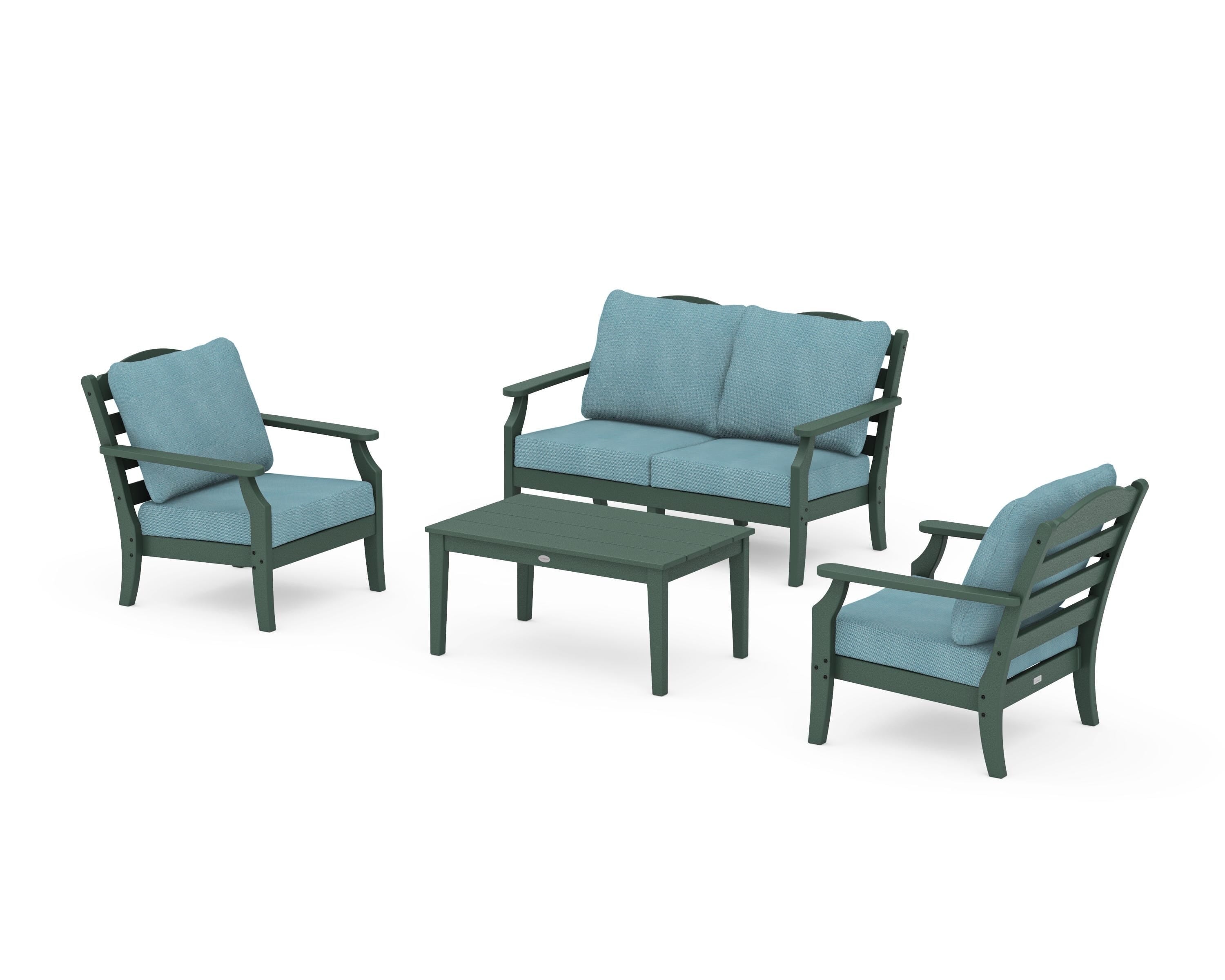 Draper James™ by  POLYWOOD® Savannah 4-Piece Deep Seating Set with Loveseat in Green / Lattice Sky Blue