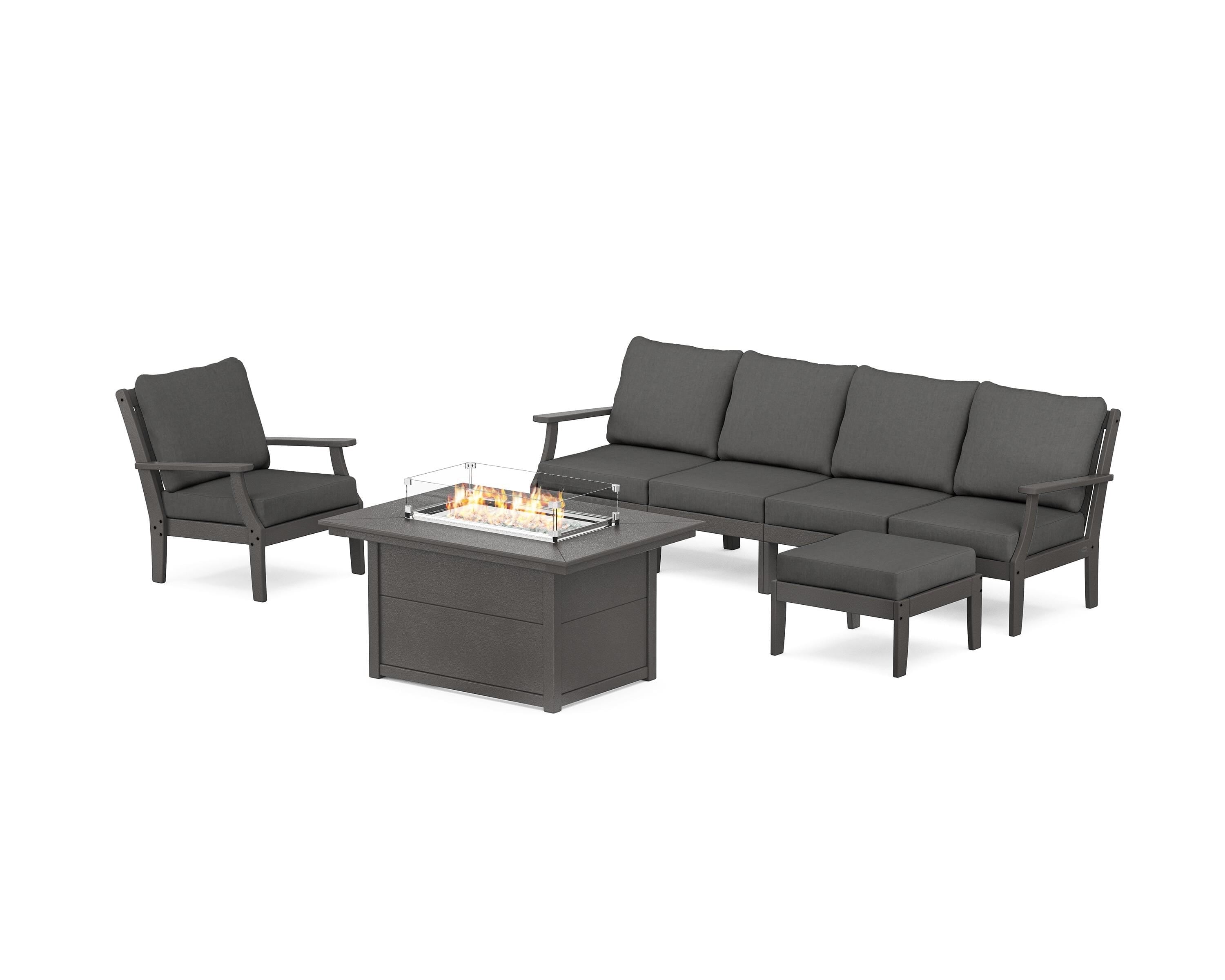 POLYWOOD® Braxton Sectional Lounge and Fire Pit Set in Vintage Coffee / Spectrum Carbon