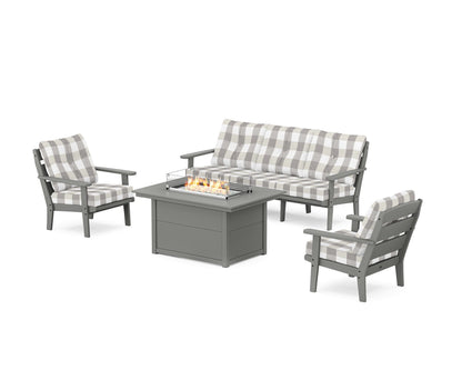 POLYWOOD® Lakeside Deep Seating Fire Pit Table Set in Slate Grey / Buffalo Plaid Grey Mist