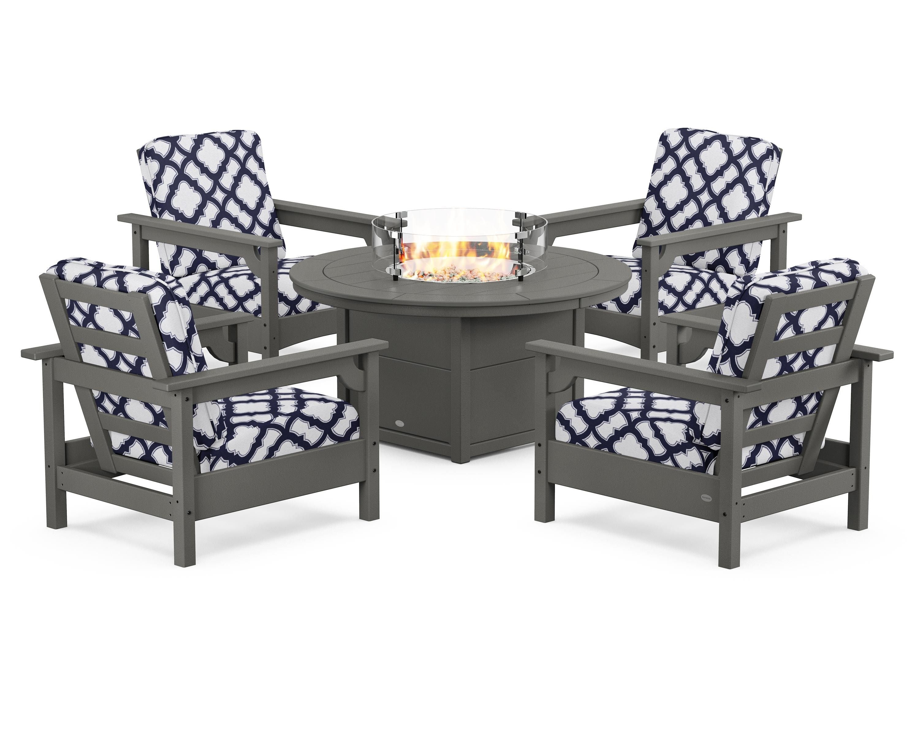 POLYWOOD® Club 5-Piece Conversation Set with Fire Pit Table in Slate Grey / Trellis Navy