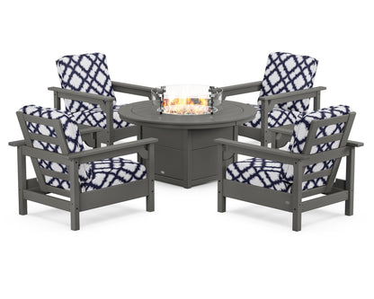 POLYWOOD® Club 5-Piece Conversation Set with Fire Pit Table in Slate Grey / Trellis Navy