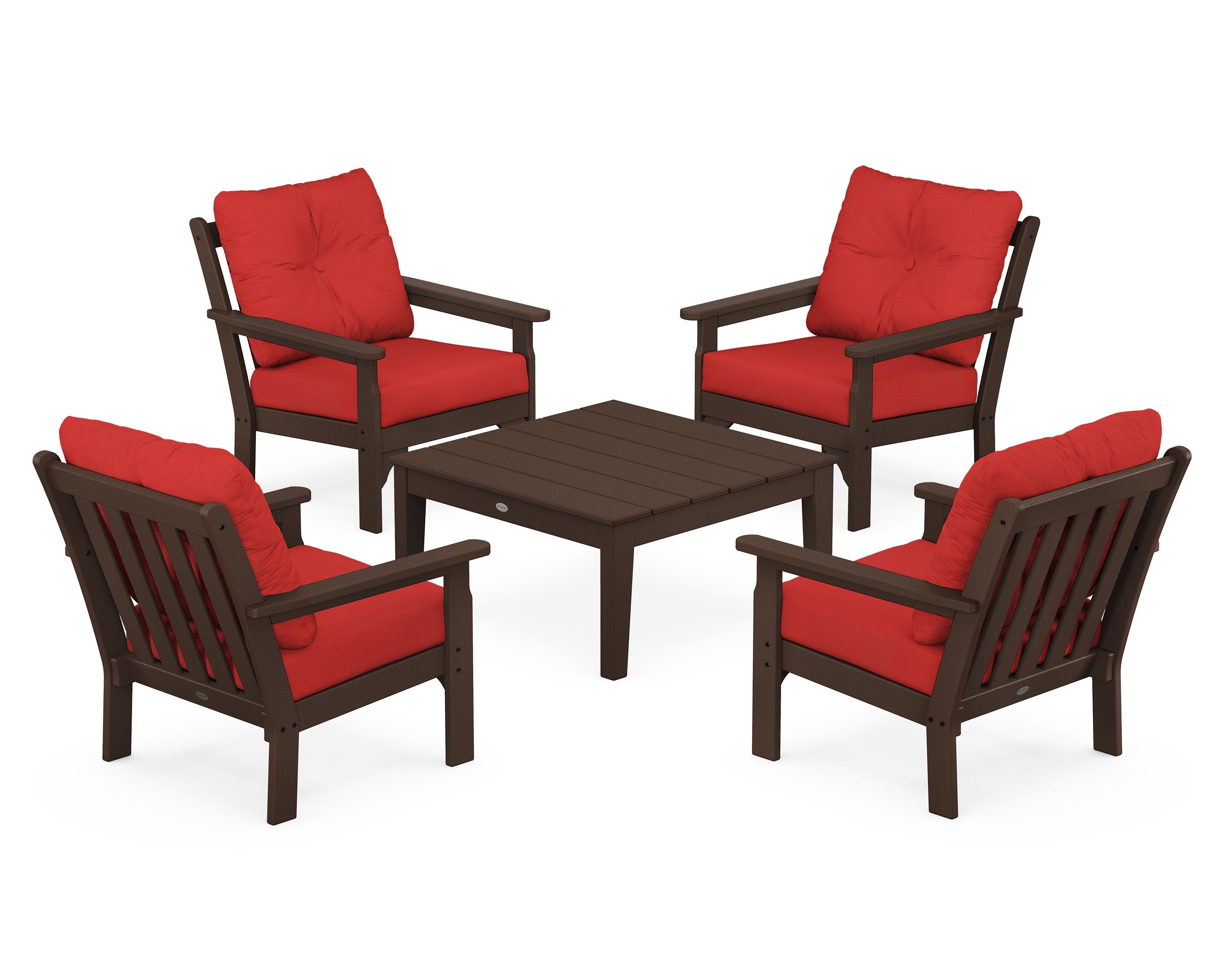POLYWOOD® Vineyard 5-Piece Deep Seating Conversation Set in Mahogany / Crimson Linen