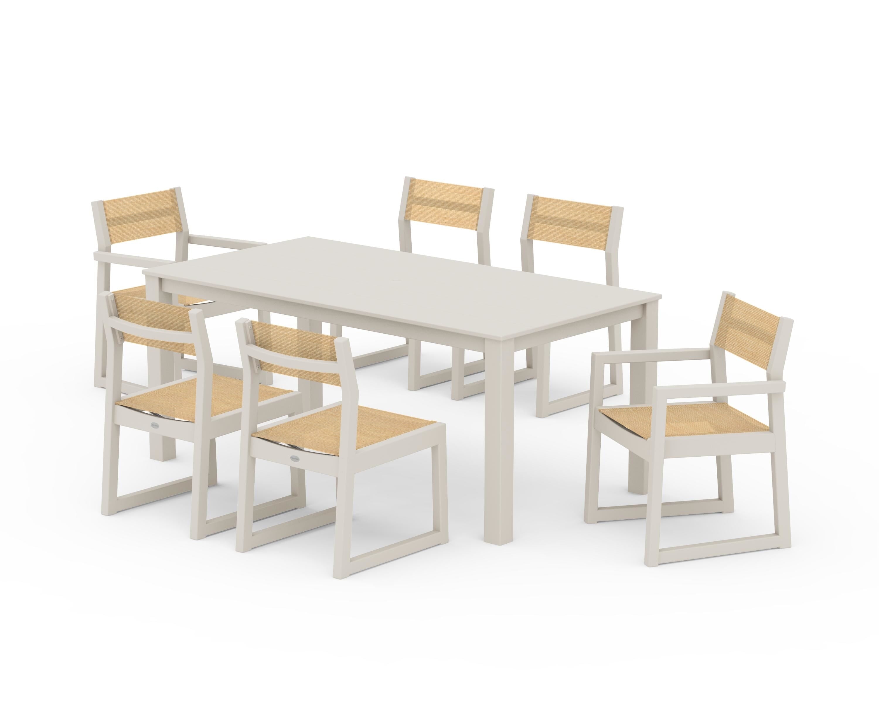 POLYWOOD® EDGE Sling 7-Piece Parsons Dining Set in Sand / Dupioni Apricot Sling
