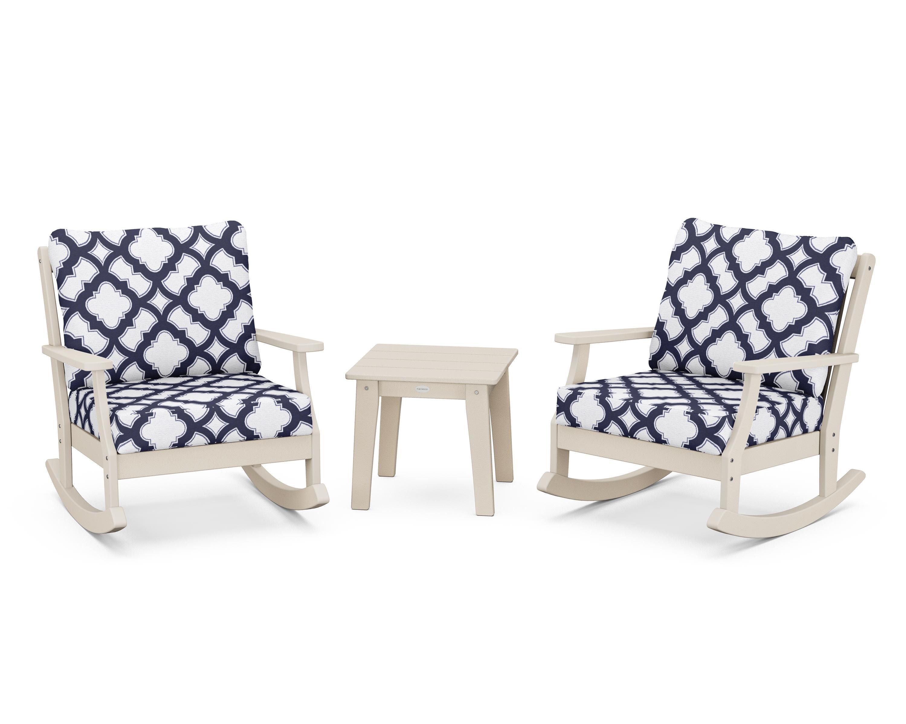 POLYWOOD® Braxton 3-Piece Deep Seating Rocker Set in Sand / Trellis Navy