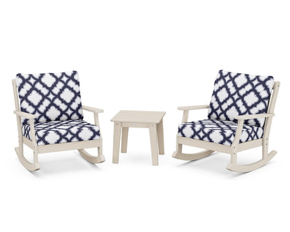 POLYWOOD® Braxton 3-Piece Deep Seating Rocker Set in Sand / Trellis Navy
