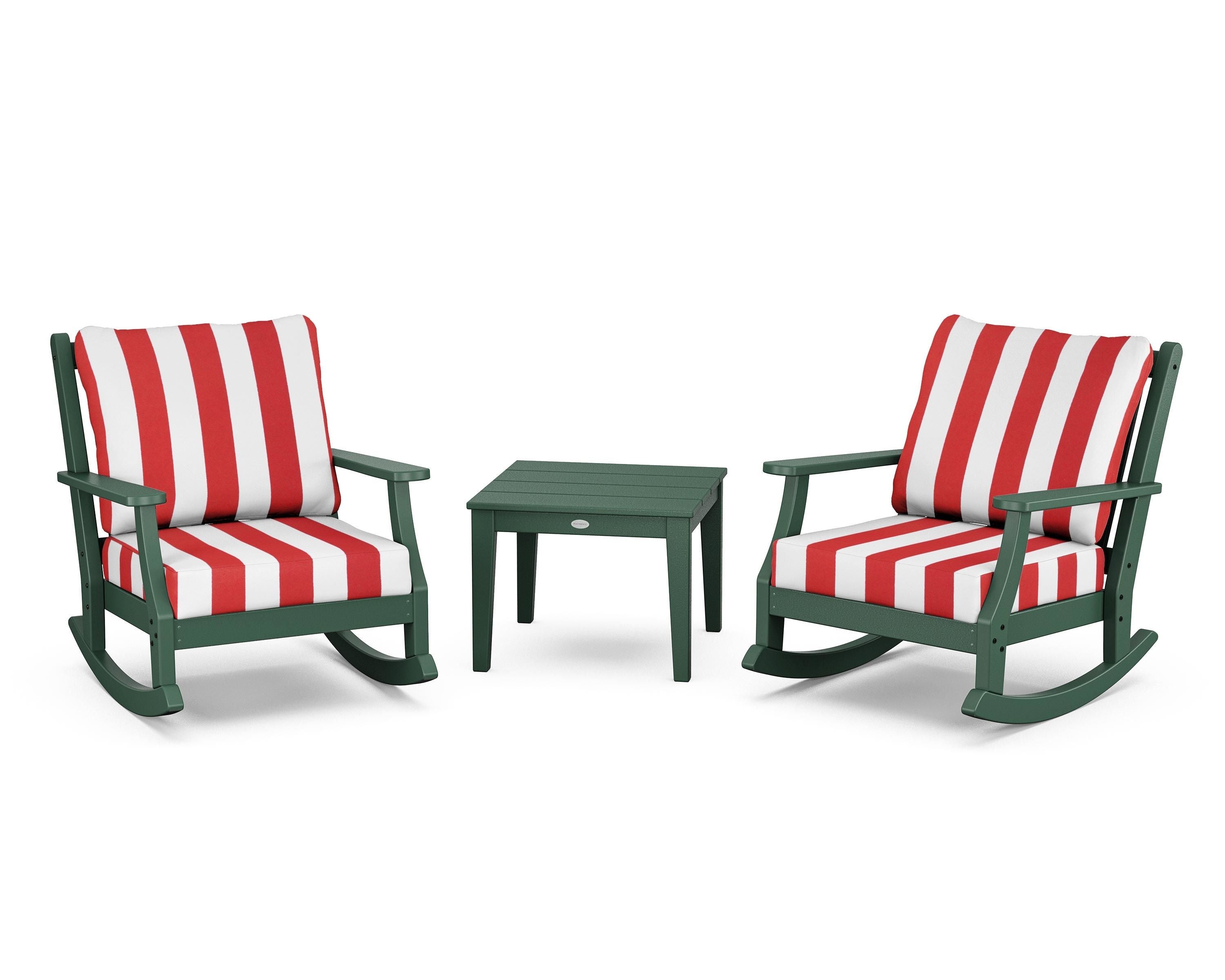 Country Living Wovendale 3-Piece Deep Seating Rocker Set in Green / Cabana Stripe Crimson
