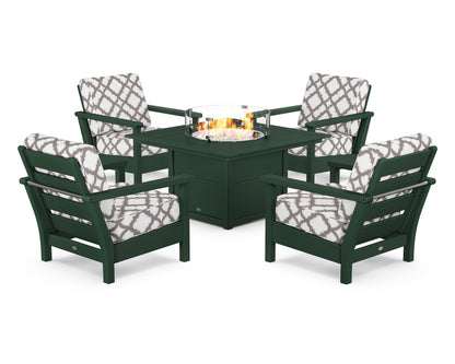 POLYWOOD® Harbour 5-Piece Conversation Set with Fire Pit Table in Green / Trellis Grey Mist