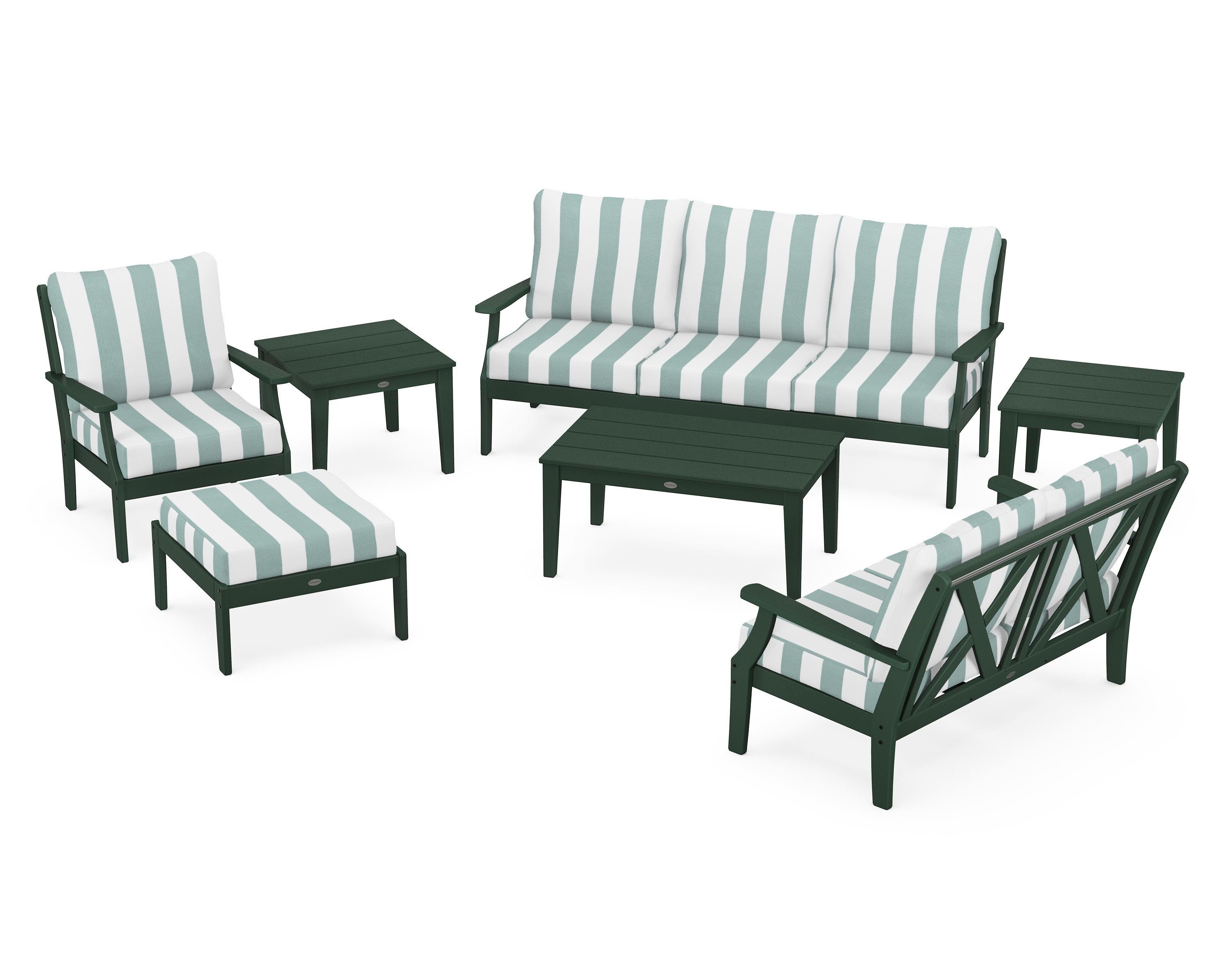 POLYWOOD® Braxton 7-Piece Deep Seating Set in Green / Cabana Stripe Glacier Spa