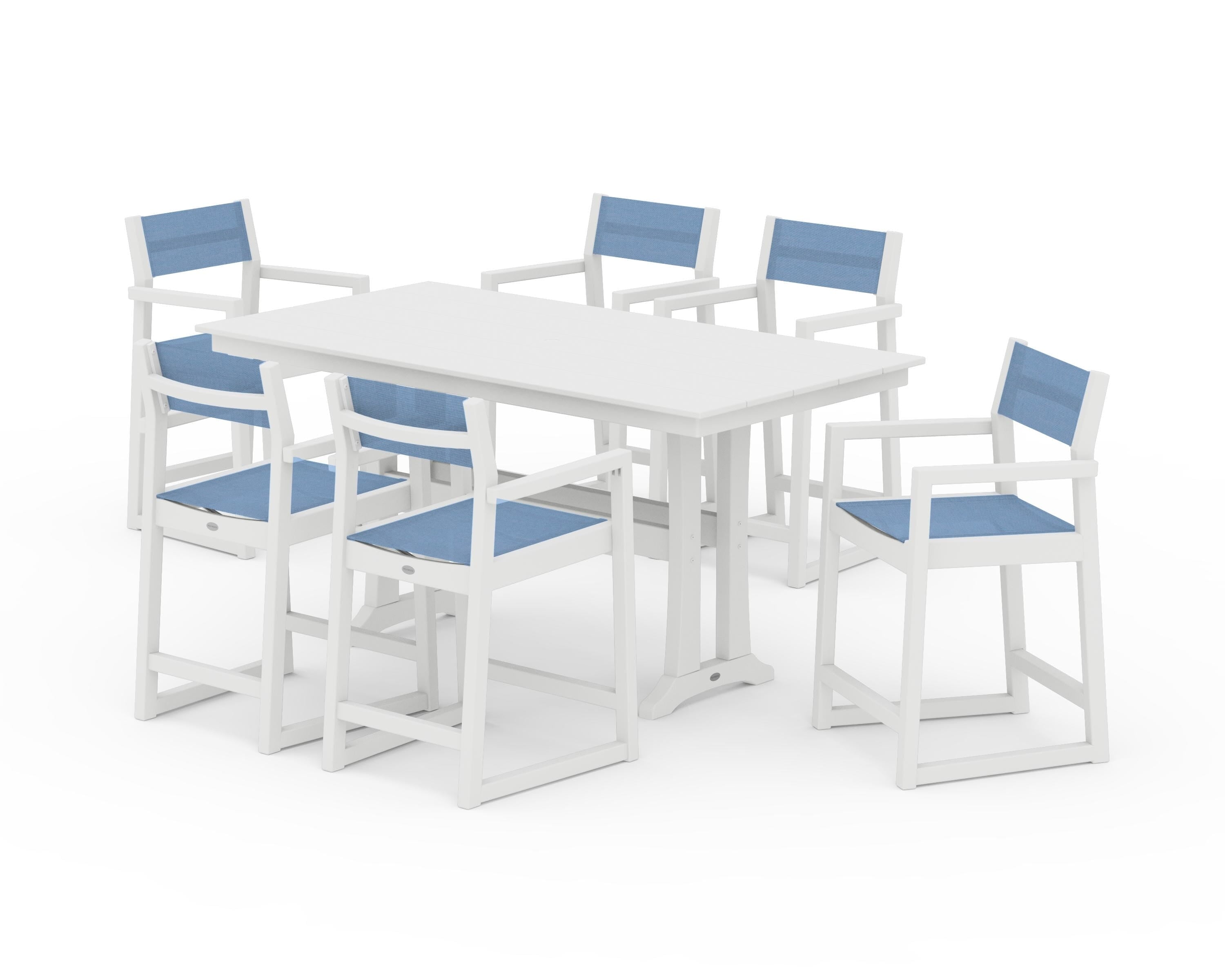 POLYWOOD® EDGE Sling Arm Chair 7-Piece Farmhouse Counter Set with Trestle Legs in White / Poolside Sling