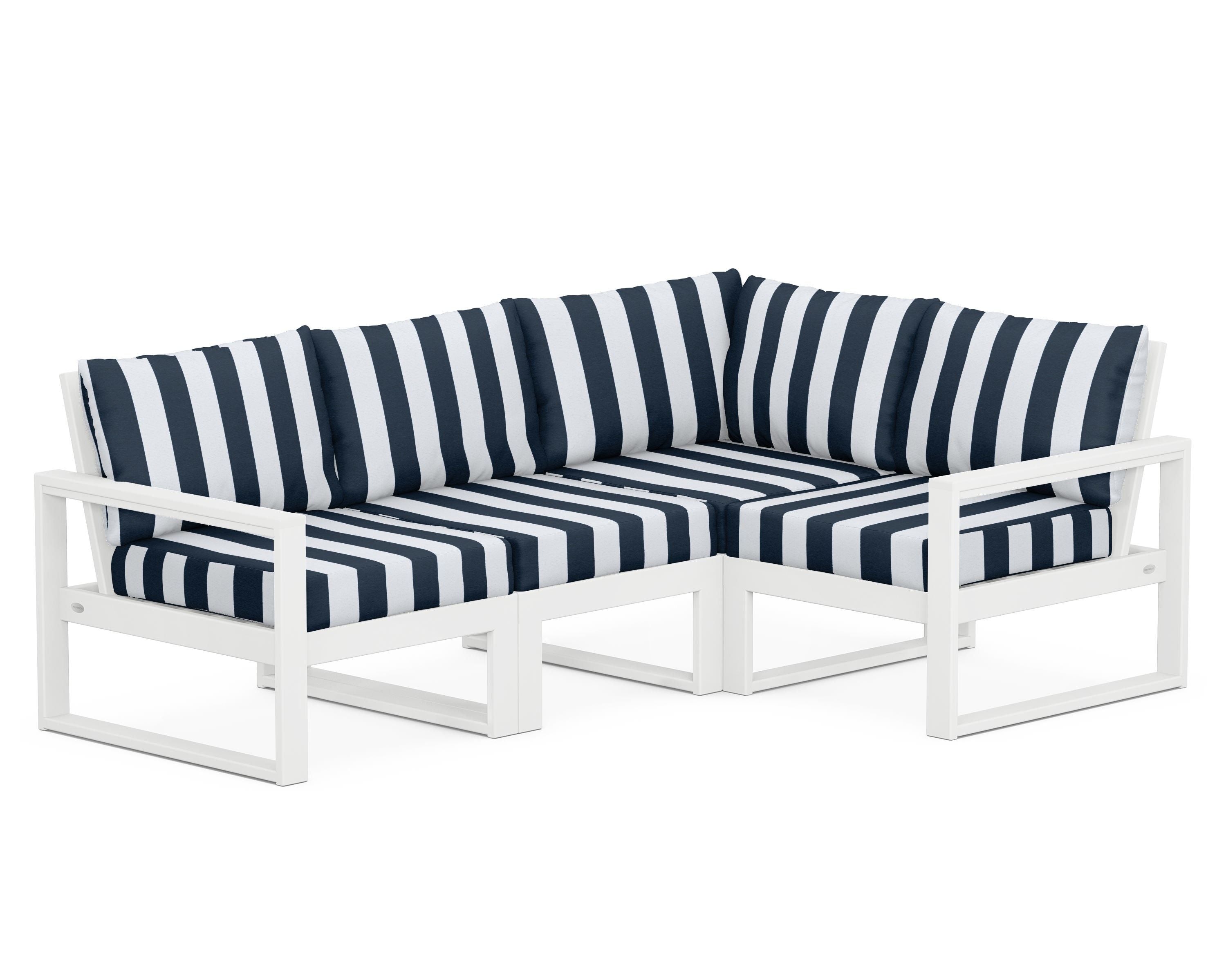 POLYWOOD® EDGE 4-Piece Modular Deep Seating Set in White / Cabana Stripe Marine Indigo
