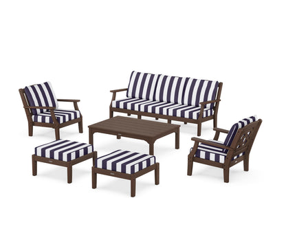 Martha Stewart by POLYWOOD® Chinoiserie 6-Piece Lounge Sofa Set in Mahogany / Cabana Stripe Navy