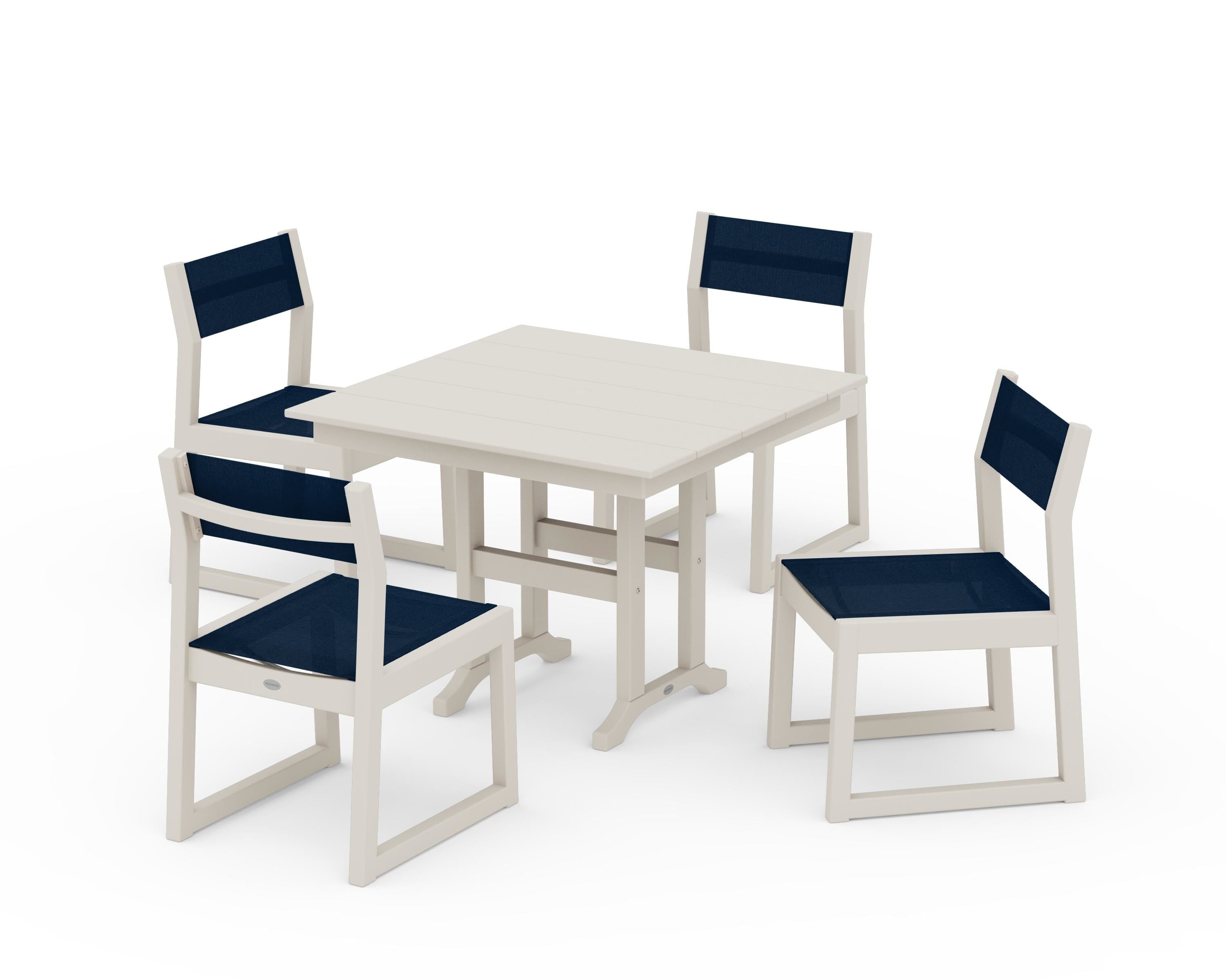 POLYWOOD® EDGE Sling Side Chair 5-Piece Farmhouse Dining Set in Sand / Navy Blue Sling