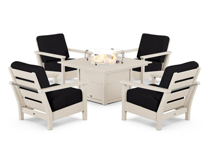 POLYWOOD® Harbour 5-Piece Conversation Set with Fire Pit Table in Sand / Midnight Linen
