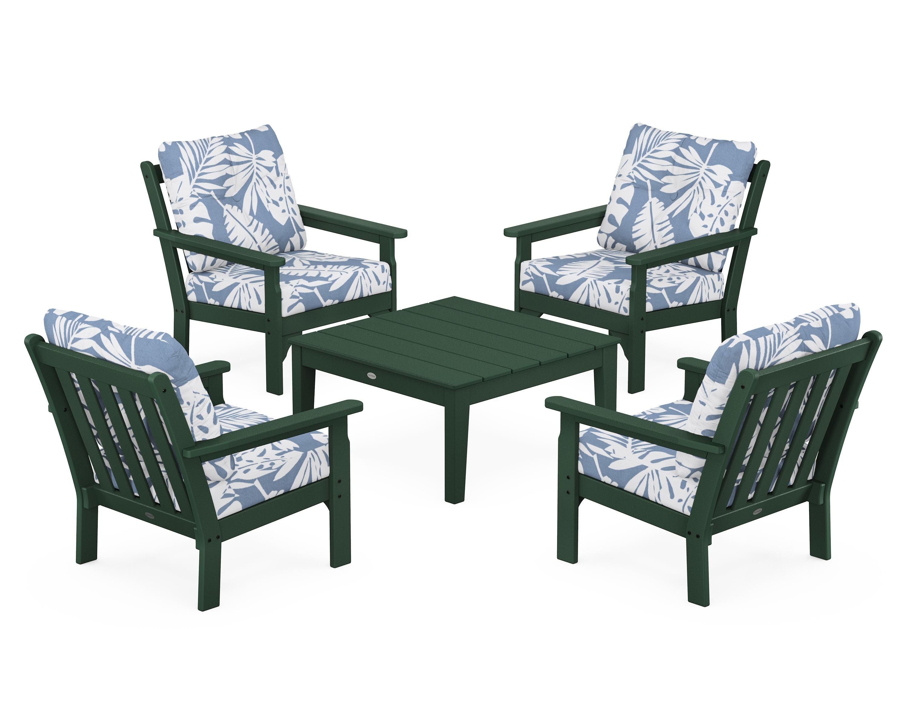 POLYWOOD® Vineyard 5-Piece Deep Seating Conversation Set in Green / Leaf Sky Blue