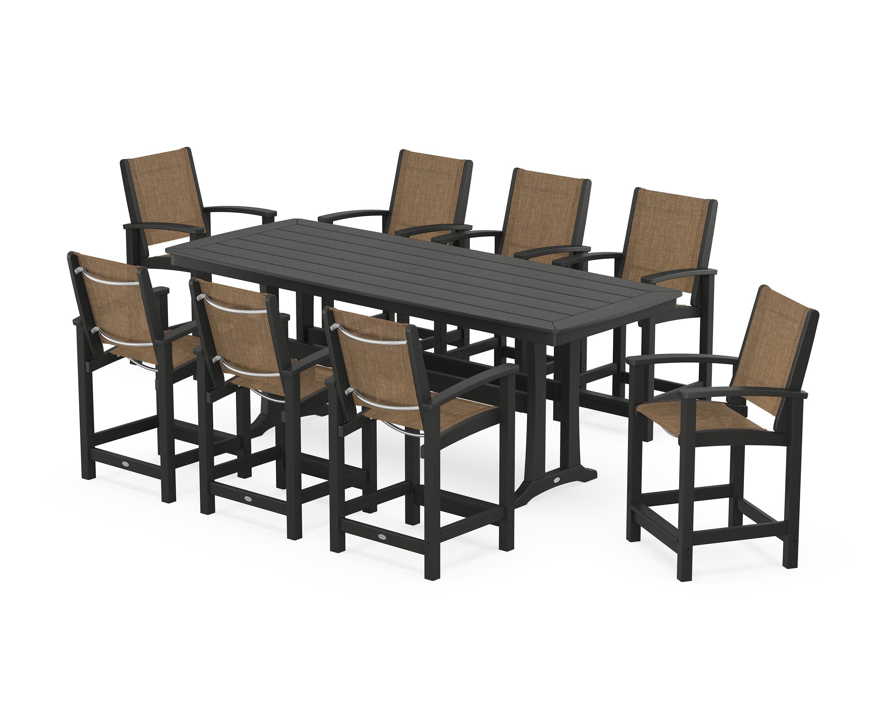 POLYWOOD® Coastal 9-Piece Counter Set with Trestle Legs in Black / Burlap Sling