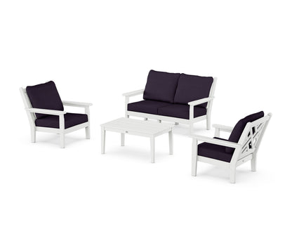 POLYWOOD® Chippendale 4-Piece Deep Seating Set with Loveseat in White / Navy Linen