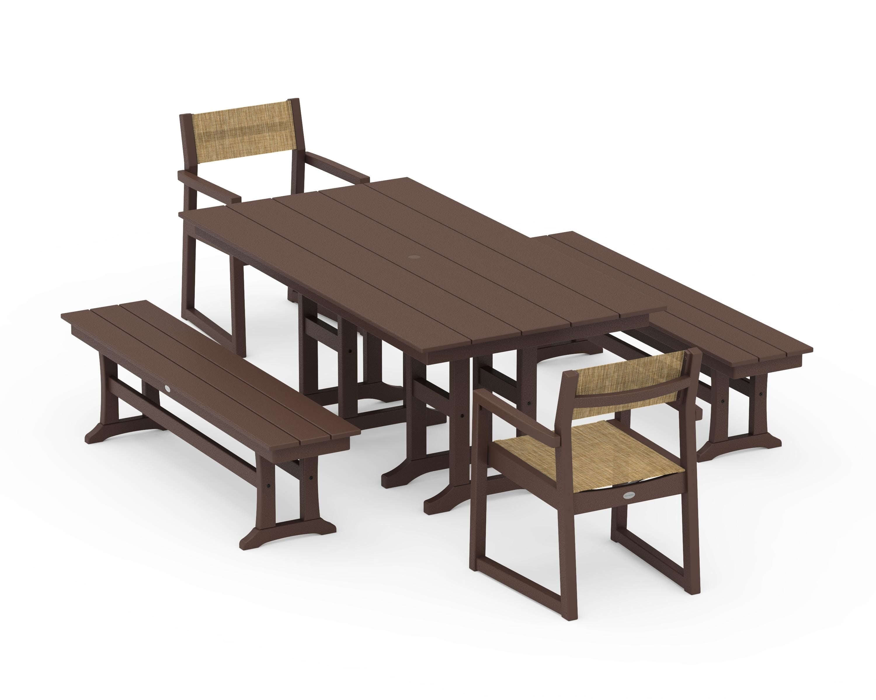 POLYWOOD® EDGE Sling Arm Chair 5-Piece Farmhouse Dining Set with Benches in Mahogany / Burlap Sling