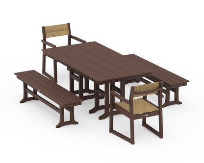 POLYWOOD® EDGE Sling Arm Chair 5-Piece Farmhouse Dining Set with Benches in Mahogany / Burlap Sling