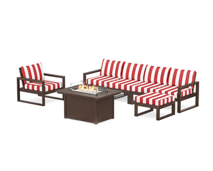 POLYWOOD® EDGE Sectional Lounge and Fire Pit Set in Mahogany / Cabana Stripe Crimson