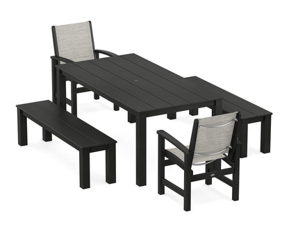 POLYWOOD® Coastal 5-Piece Parsons Dining Set with Benches in Black / Birch Sling