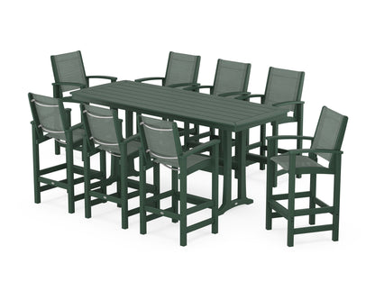 POLYWOOD® Coastal 9-Piece Bar Set with Trestle Legs in Green / Dupioni Sea Mist Sling