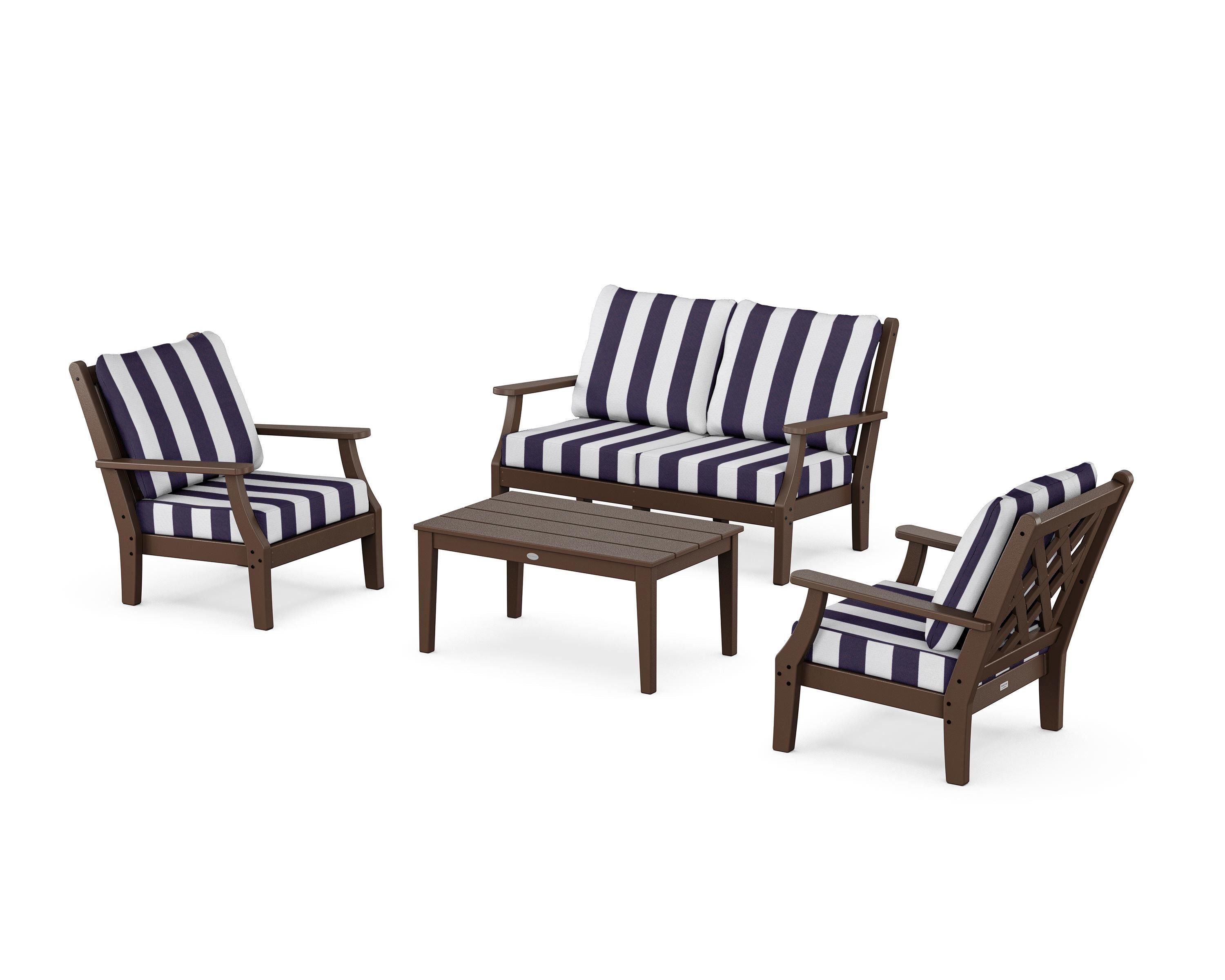 Country Living Wovendale 4-Piece Deep Seating Set with Loveseat in Mahogany / Cabana Stripe Navy