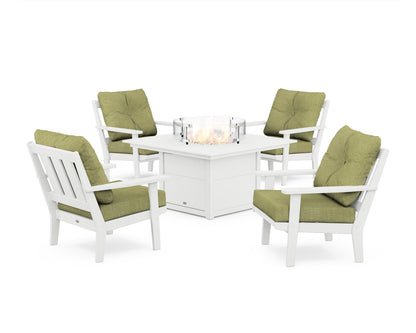 POLYWOOD® Oxford 5-Piece Deep Seating Set with Fire Pit Table in White / Chartreuse Boucle