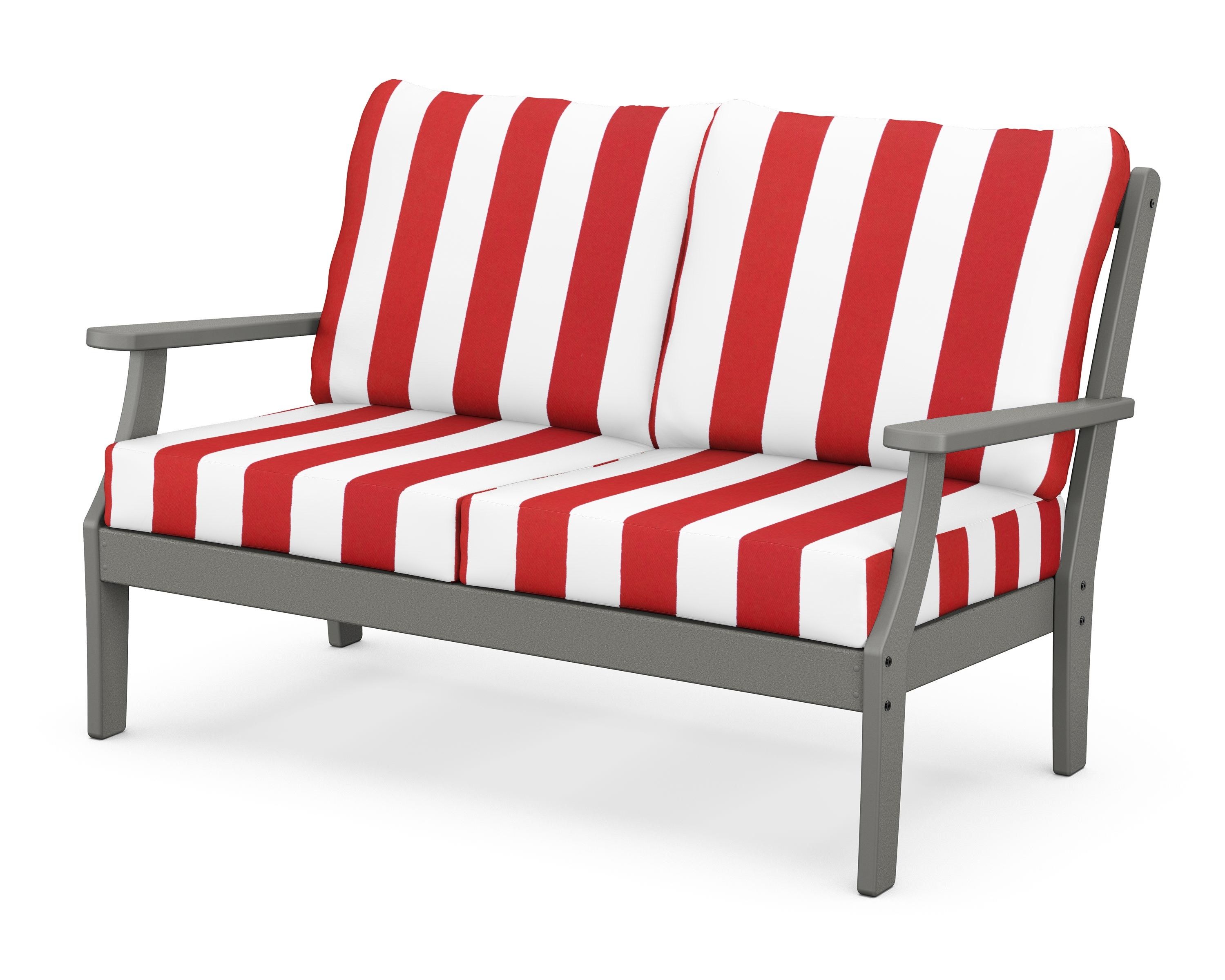 POLYWOOD® Braxton Deep Seating Loveseat in Slate Grey / Cabana Stripe Crimson