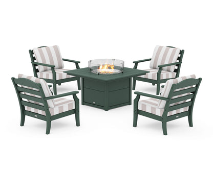 Draper James™ by  POLYWOOD® Savannah 5-Piece Deep Seating Set with Fire Pit Table in Green / Cabana Stripe Dune Burlap