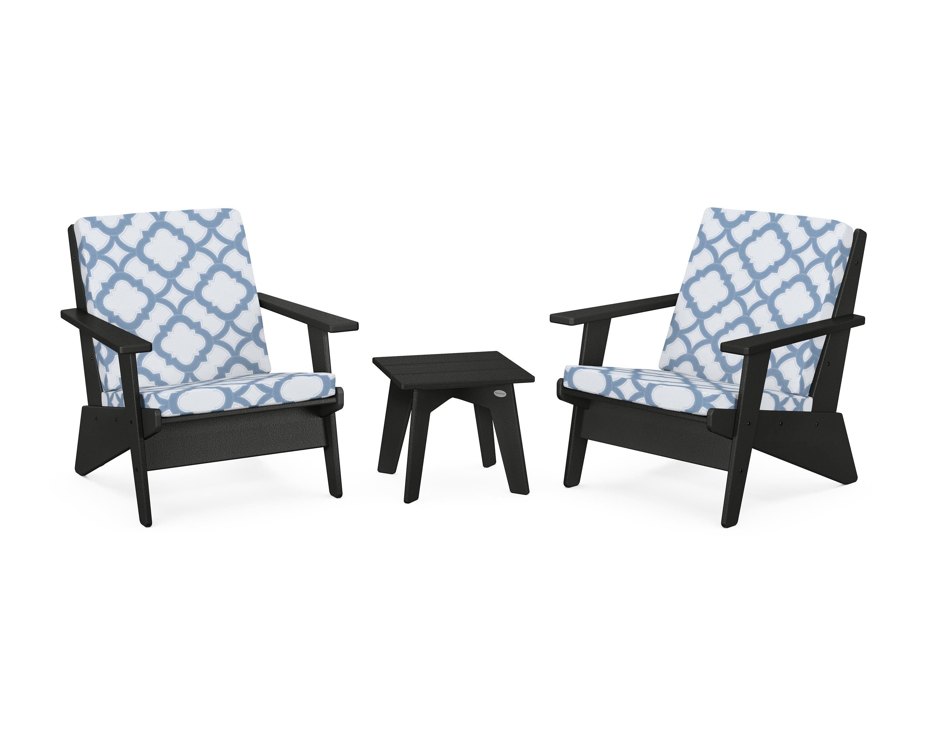 POLYWOOD® Riviera Modern Lounge 3-Piece Set in Black / Trellis Sky Blue