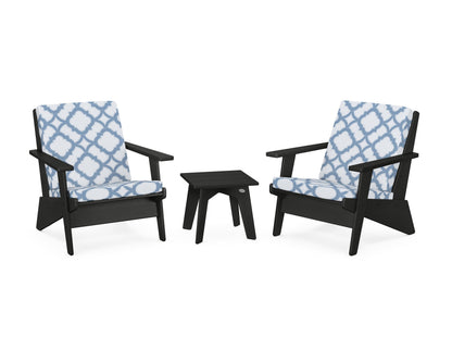 POLYWOOD® Riviera Modern Lounge 3-Piece Set in Black / Trellis Sky Blue