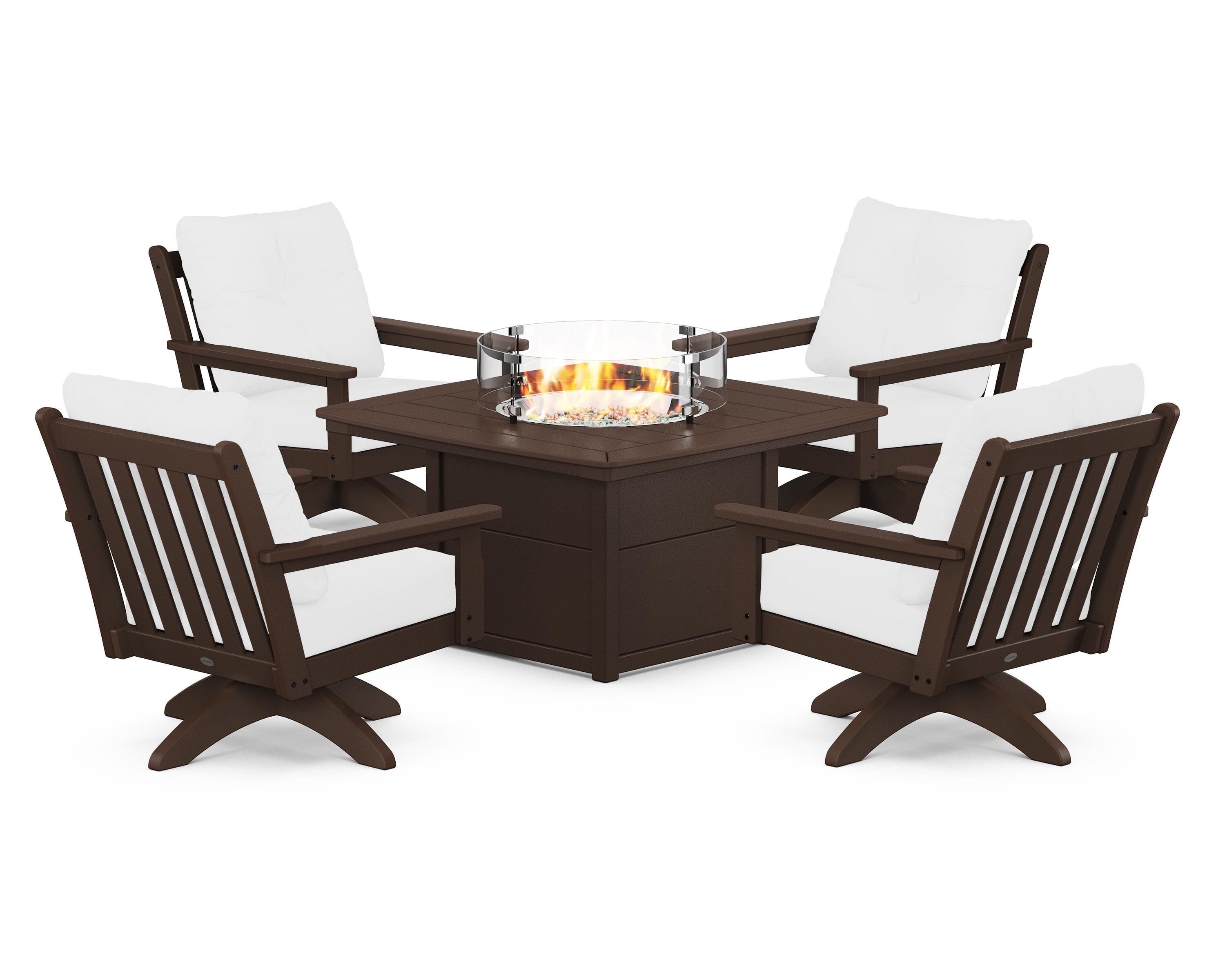 POLYWOOD® Vineyard 5-Piece Deep Seating Swivel Conversation Set with Fire Pit Table in Mahogany / Natural