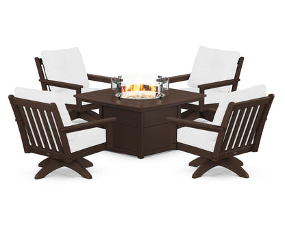 POLYWOOD® Vineyard 5-Piece Deep Seating Swivel Conversation Set with Fire Pit Table in Mahogany / Natural