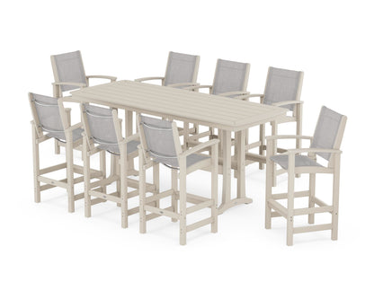 POLYWOOD® Coastal 9-Piece Bar Set with Trestle Legs in Sand / Parchment Sling