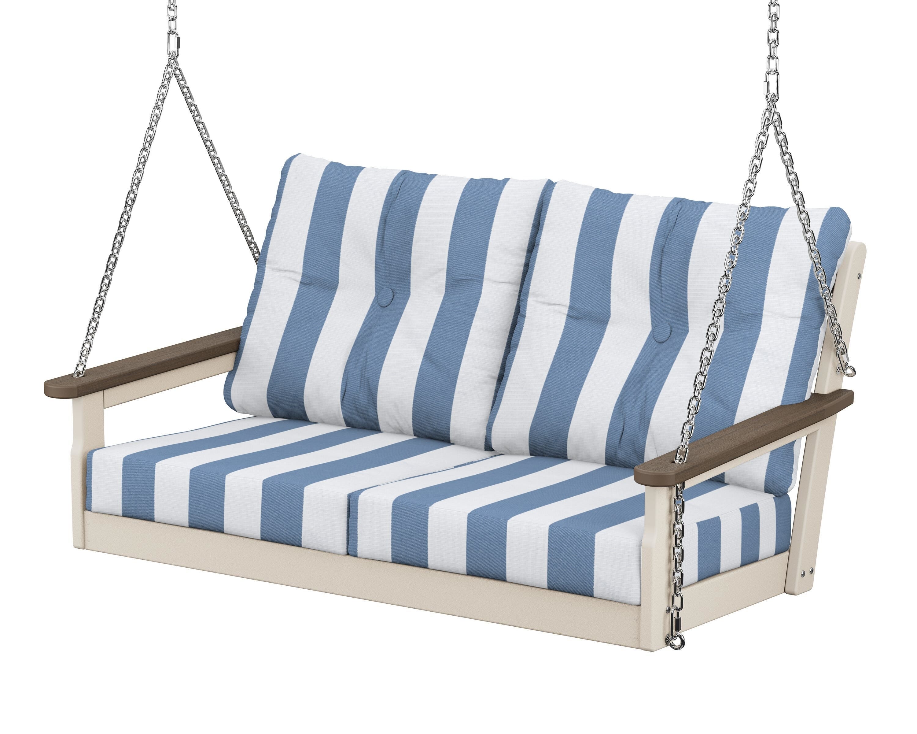 POLYWOOD® Vineyard Deep Seating Swing in Sand / Kona / Cabana Stripe Sky Blue