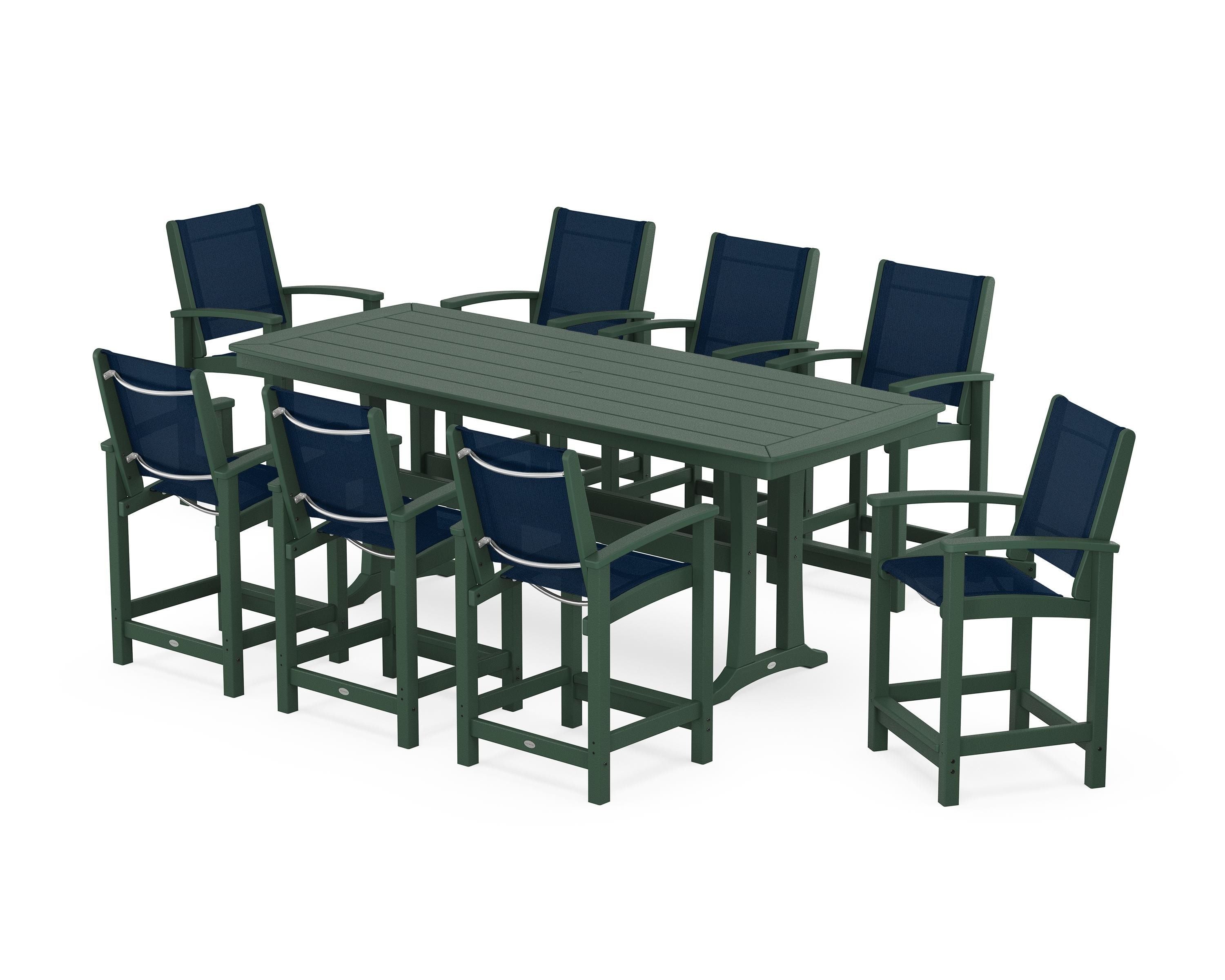 POLYWOOD® Coastal 9-Piece Counter Set with Trestle Legs in Green / Navy Blue Sling
