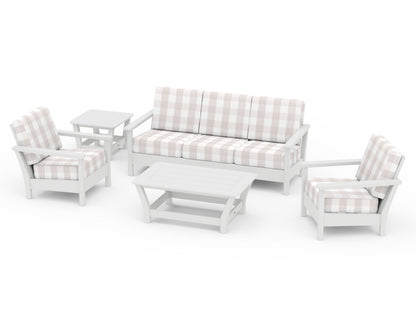 POLYWOOD® Harbour 5-Piece Deep Seating Set in White / Buffalo Plaid Dune Burlap