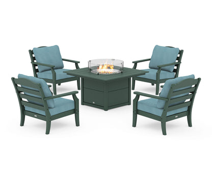 Draper James™ by  POLYWOOD® Savannah 5-Piece Deep Seating Set with Fire Pit Table in Green / Lattice Sky Blue