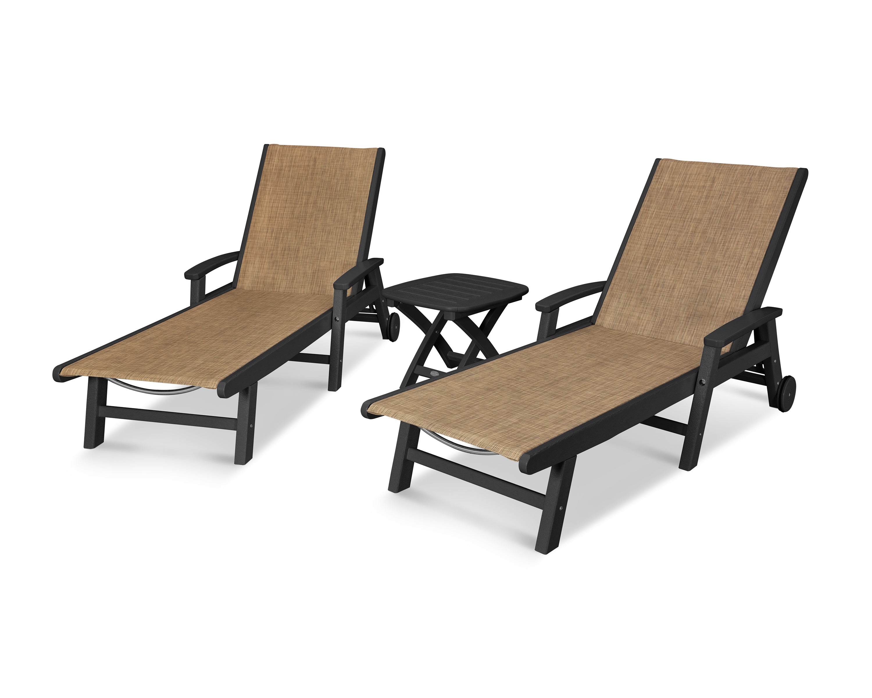 POLYWOOD® Coastal 3-Piece Wheeled Chaise Set in Black / Burlap Sling
