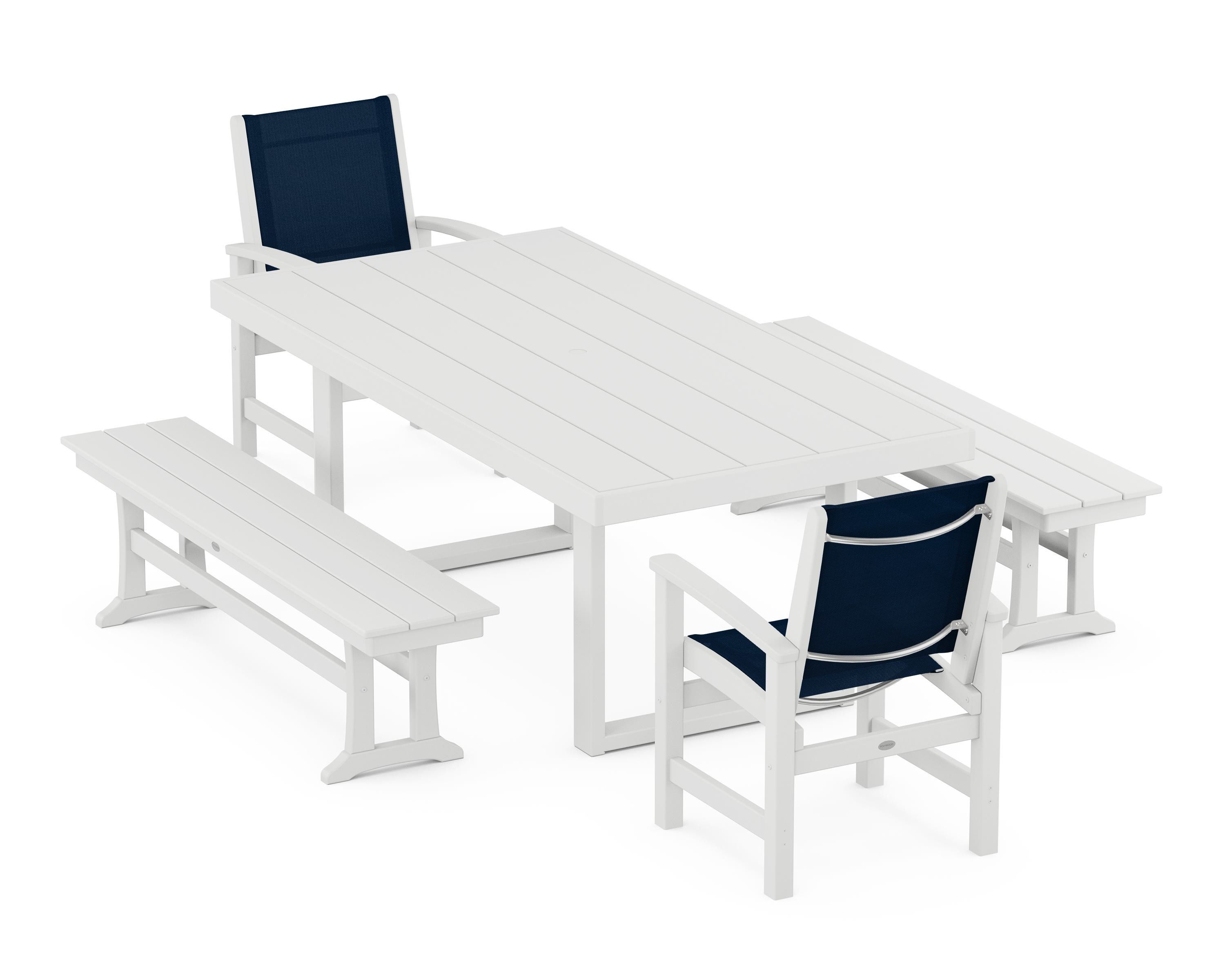 POLYWOOD® Coastal 5-Piece Dining Set with Trestle Legs in White / Navy Blue Sling